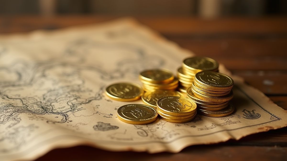 Gold coins and a map on a wooden table.