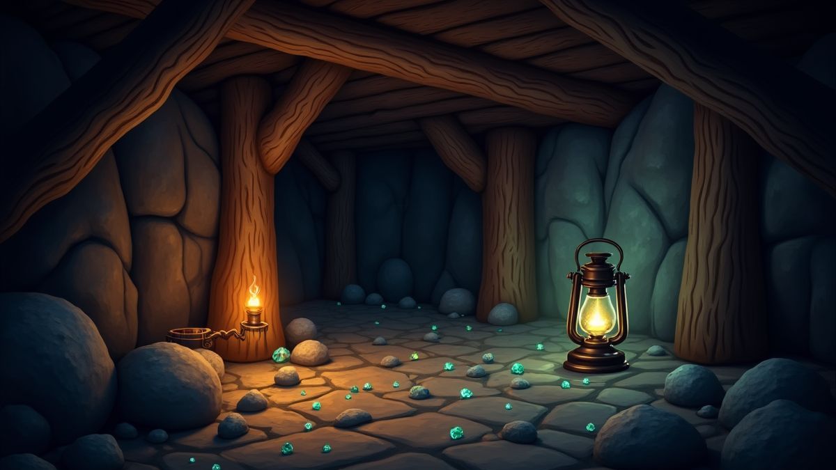 Une mine accueillante avec des diamants et une lampe de mineur.