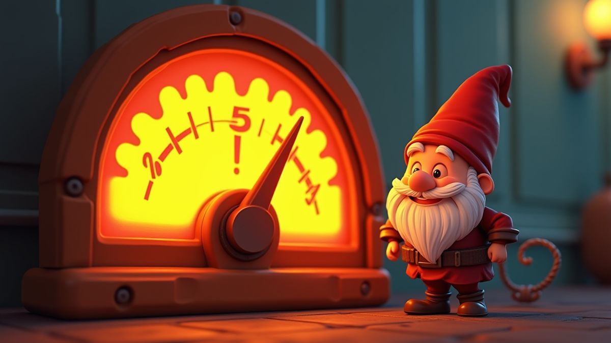 Gnomo souriant à côté d'un compteur de dynamite brillant.