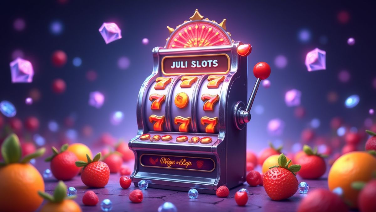 Una máquina tragamonedas de estilo retro rodeada de diamantes y frutas.