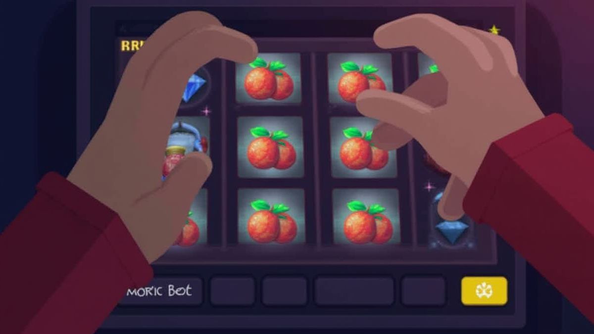 Mano ajustando apuestas en una interfaz de tragamonedas con diamantes y frutas.