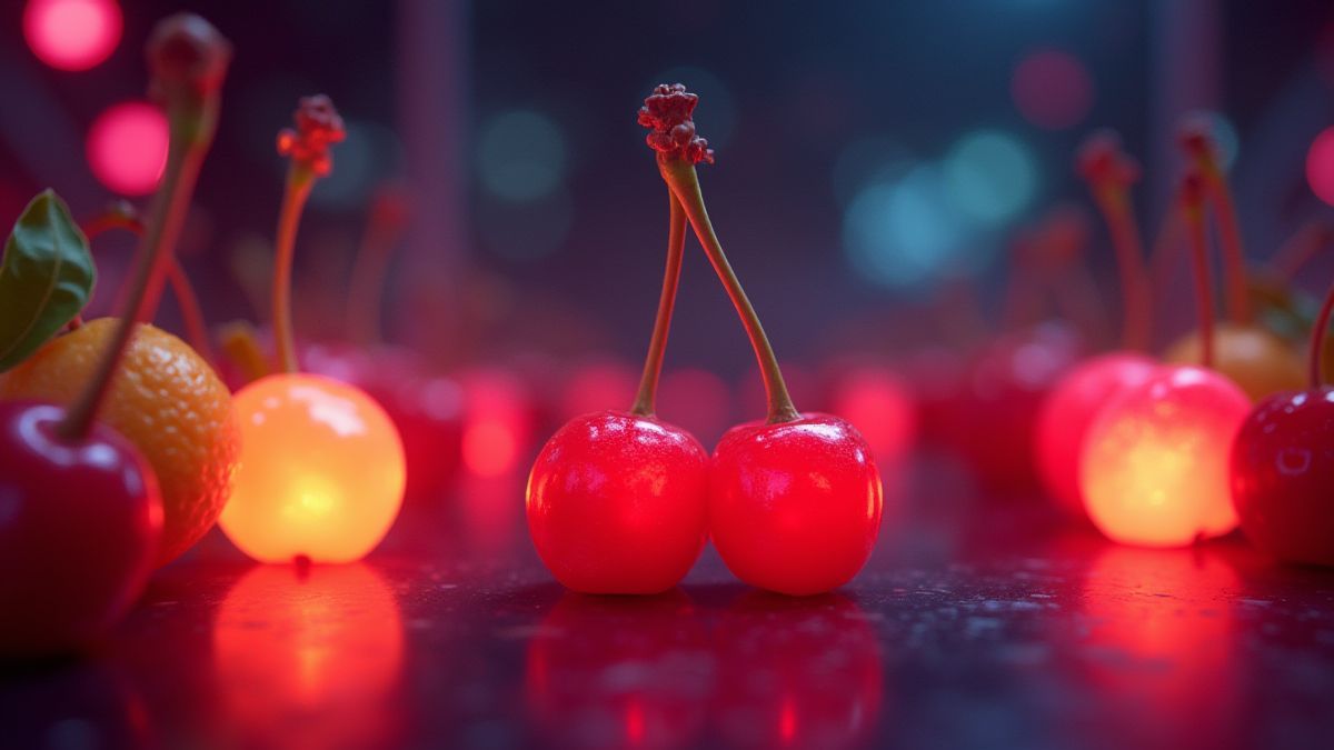 Ilustración de cerezas y frutas brillando en un entorno retro estilo arcade.