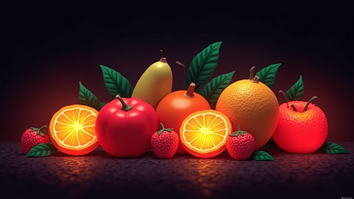Ilustración de frutas estilo retro brillando contra un fondo oscuro.