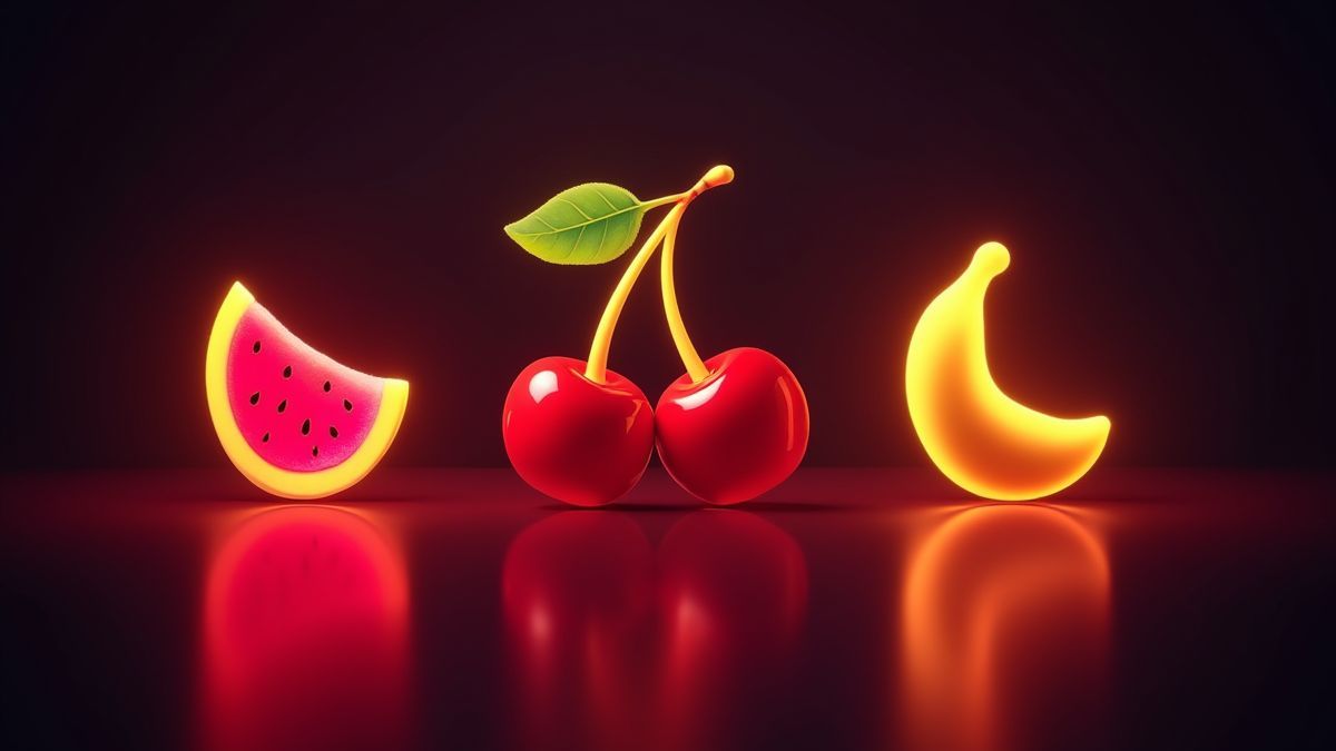 Símbolos de frutas clásicas brillando sobre un fondo retro oscuro.