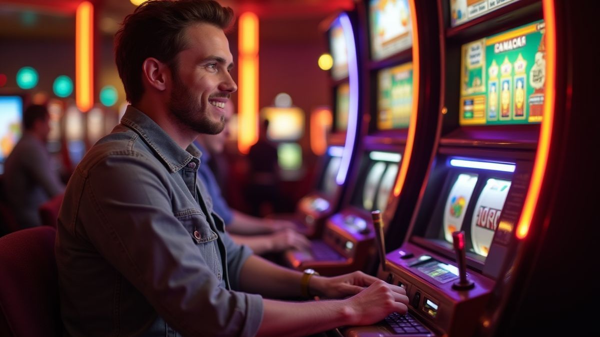 Jugador disfrutando de una máquina tragaperras clásica en un casino retro.