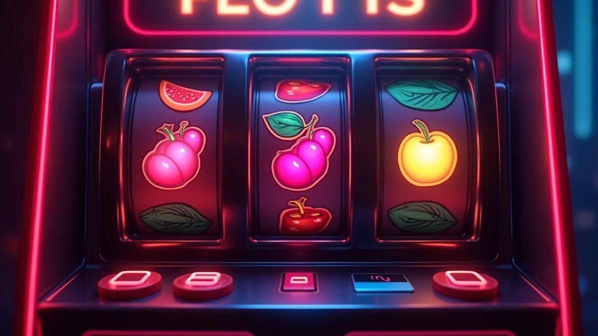 Máquina tragaperras clásica con símbolos de frutas iluminados.