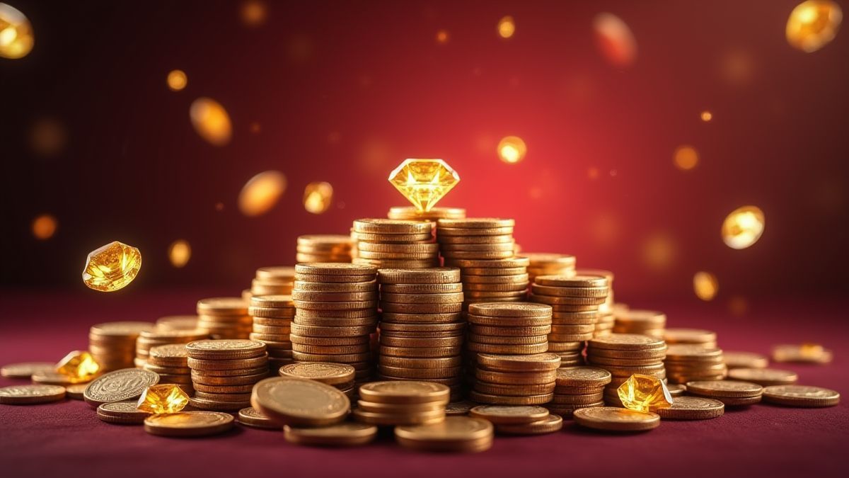 Montón de monedas y diamantes brillantes en un casino.