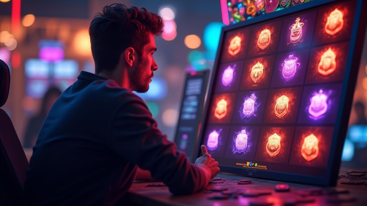 Jugador planeando estrategia frente a una máquina tragaperras.