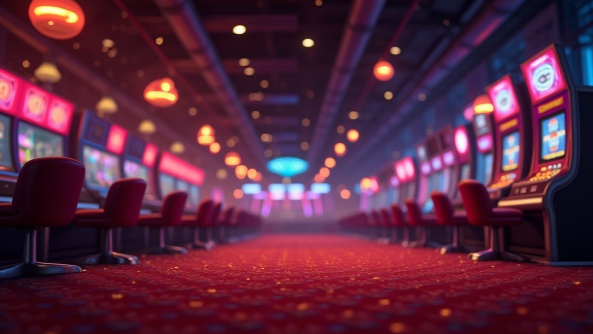 Um cassino ao estilo retrô com luzes brilhantes e símbolos clássicos como diamantes e estrelas flutuando.