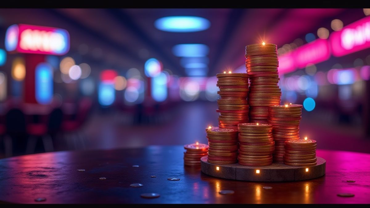 Um cassino iluminado com neon onde os símbolos empilhados brilham na escuridão.