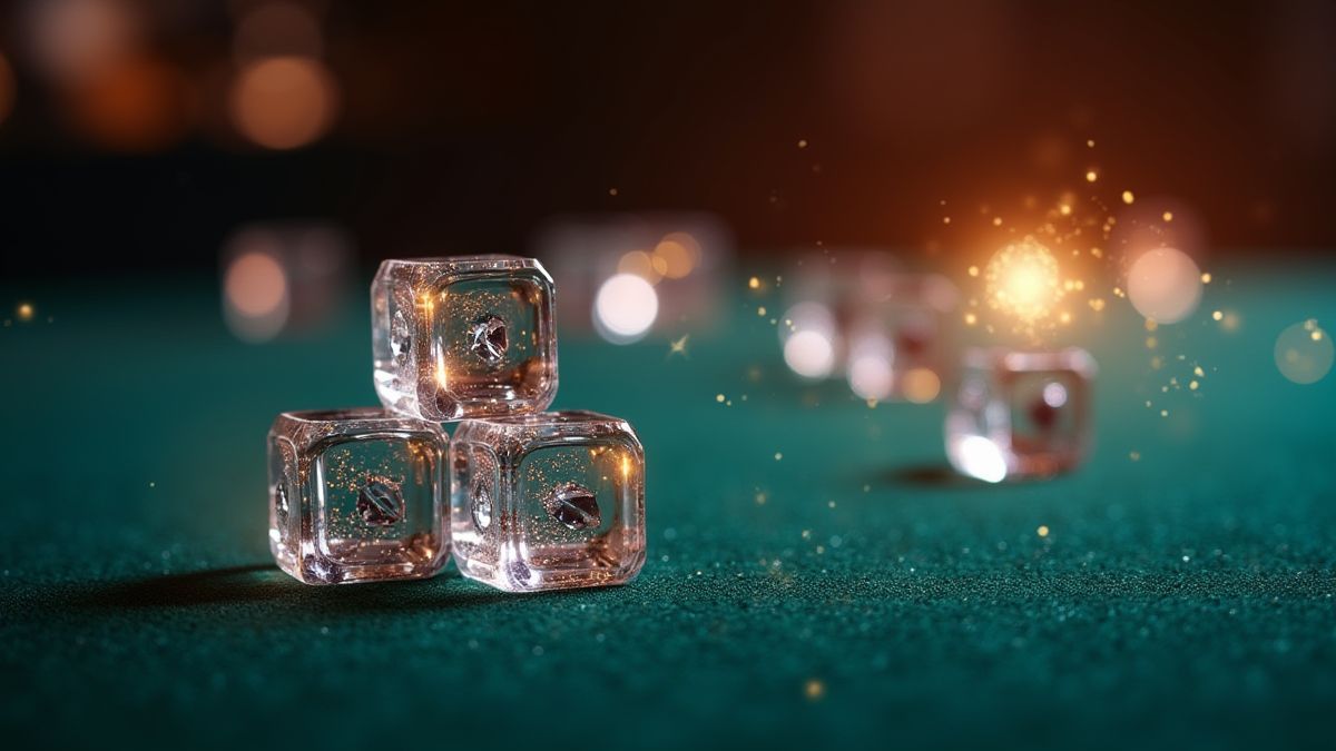 Glänzende Würfel und Diamanten auf einem Casino-Tisch aus Samt