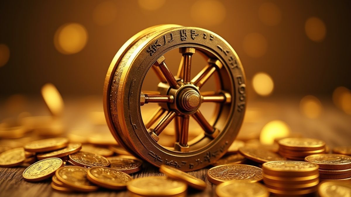 Drehendes Rad umgeben von Goldmünzen