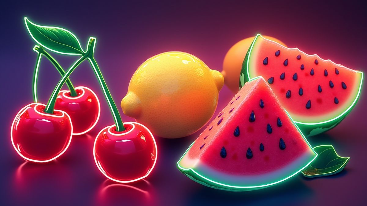 Vibrante fruit onder neonlichten.