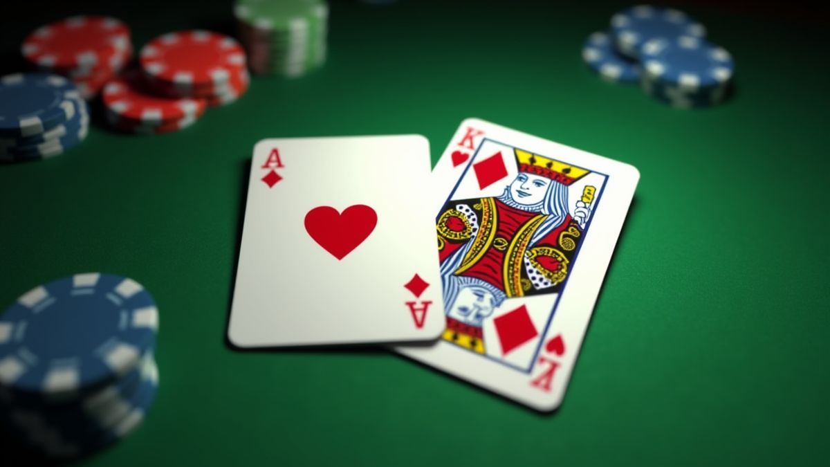 Dos cartas formando un blackjack en una mesa de casino con fichas.