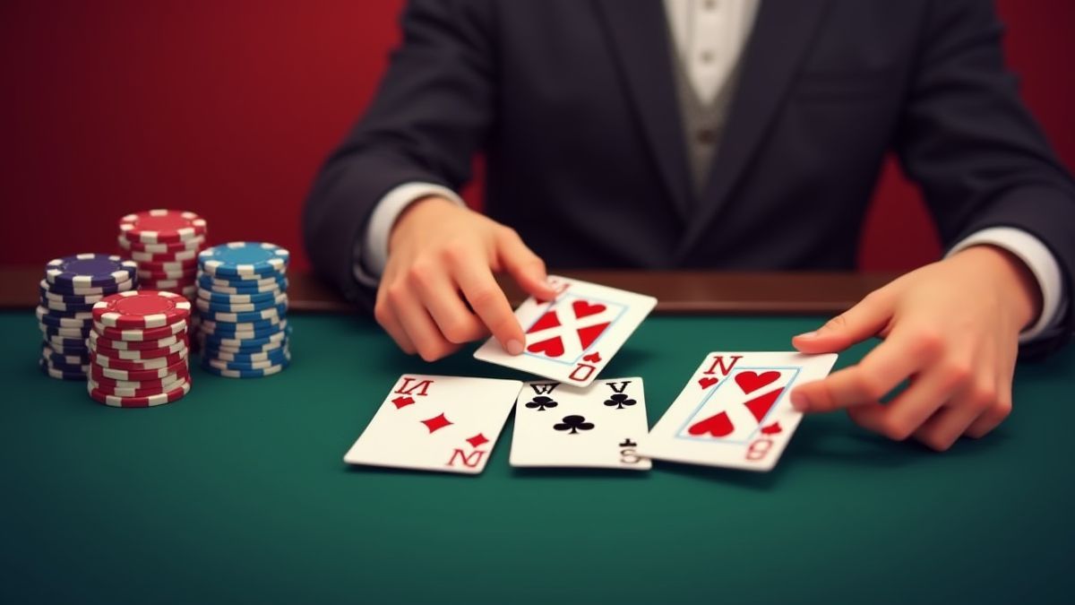 Un jugador dividiendo sus cartas en una mesa de casino con fichas al lado.