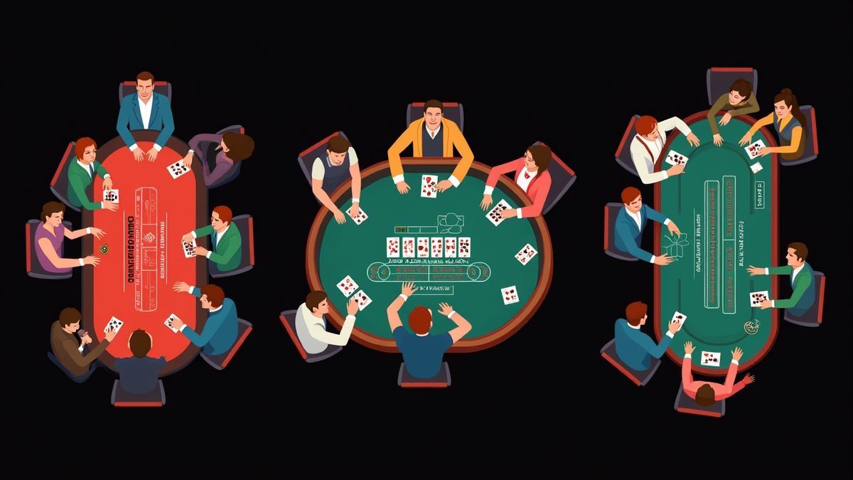 Mesas de blackjack, baccarat y póker en un casino con jugadores disfrutando.