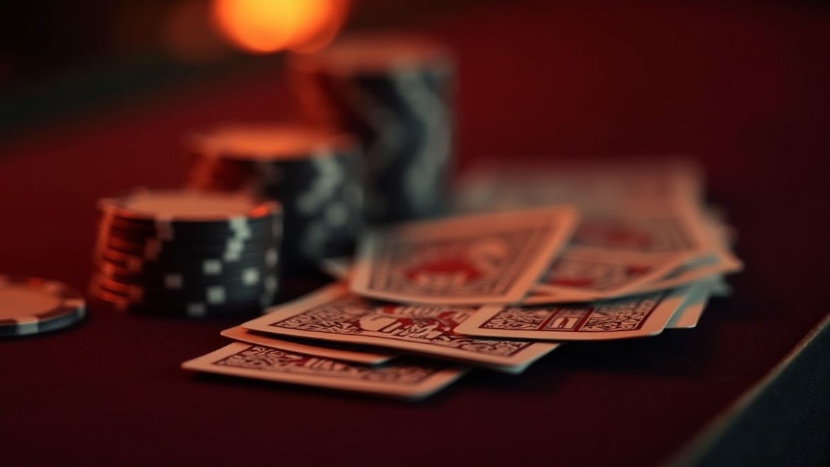 Leuchtende Chips, ordentlich neben Karten auf einem luxuriösen Casino-Tisch gestapelt.