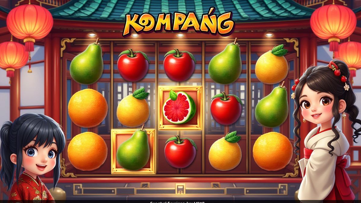 Diseño del juego con temática japonesa y símbolos de frutas.