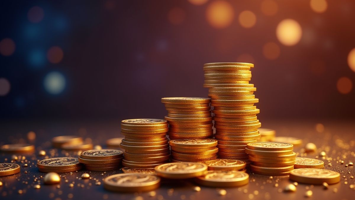 Stacks of gold coins in front of a futuristic slot machine.