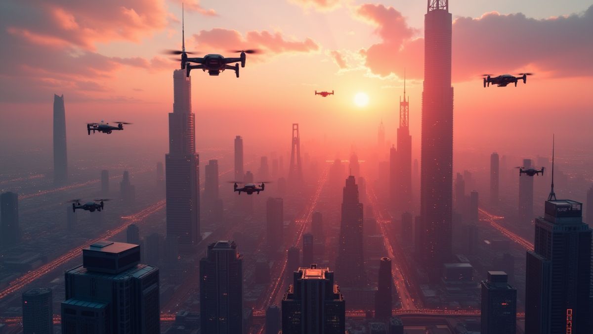 Eine futuristische Stadt am Morgen mit beleuchteten Wolkenkratzern und schwebenden Drohnen.