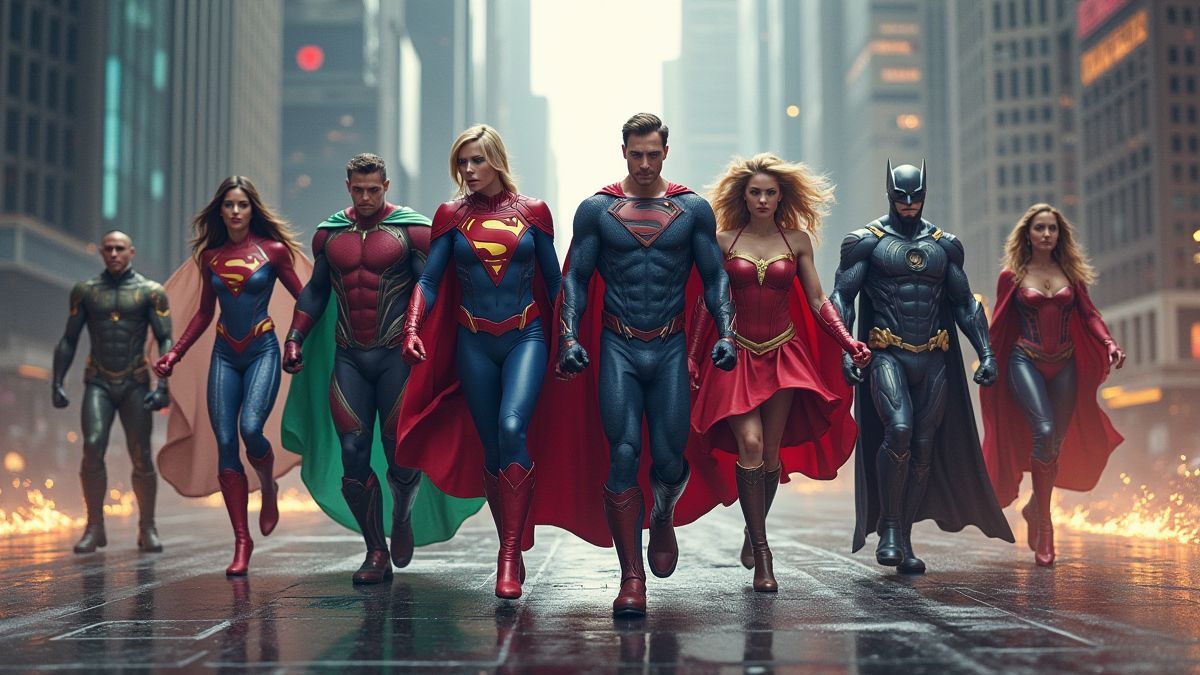 Eine dynamische Gruppe von Superhelden, die ihre einzigartigen Kräfte in einer futuristischen Stadt zeigen.