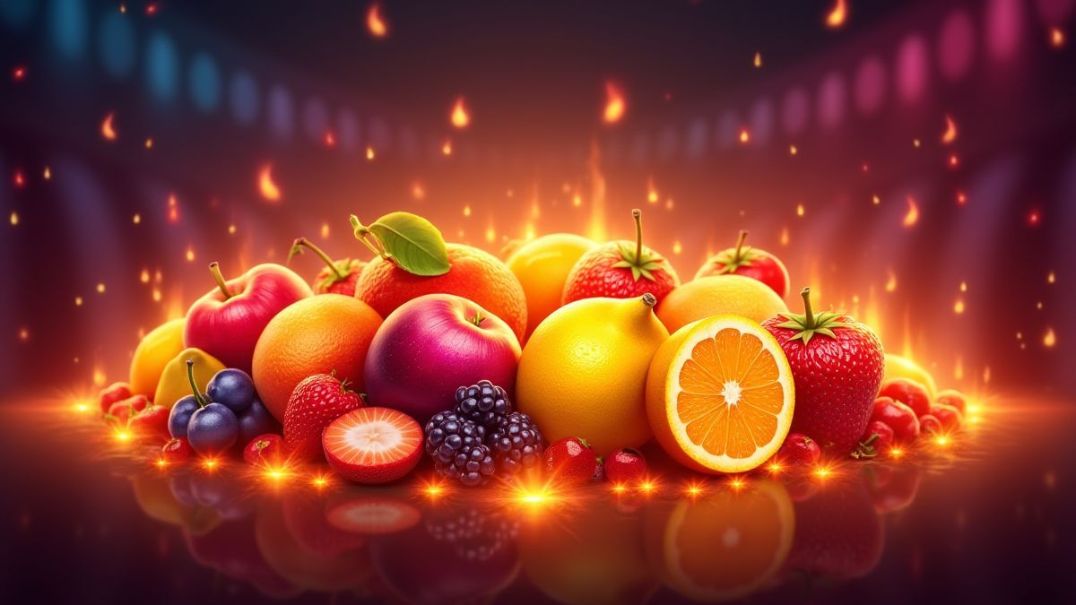 Frutas ardientes en un fondo vibrante con efectos brillantes.