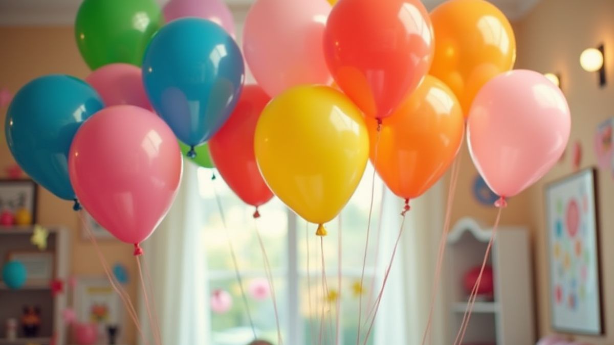 Globos de colores flotando en una sala decorada.