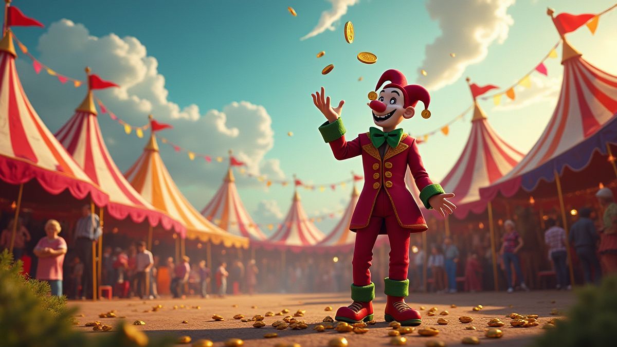 A colorful carnival with a joker tossing coins into the air.