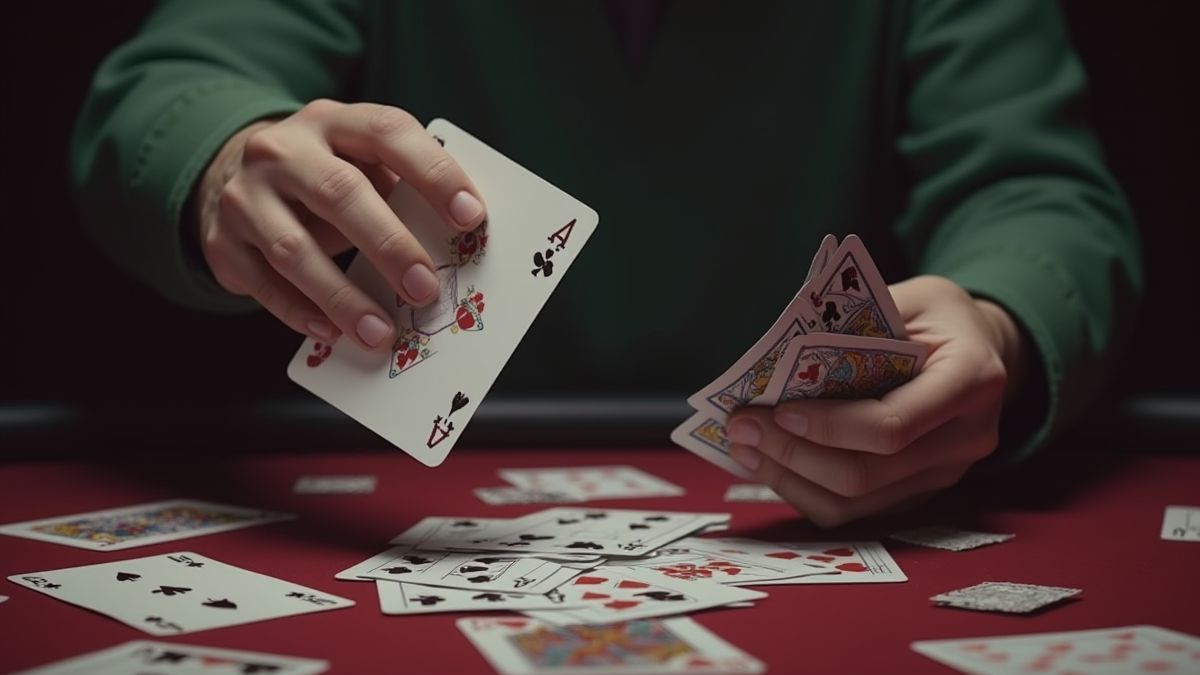 Cards being shuffled with a joker's hand approaching.