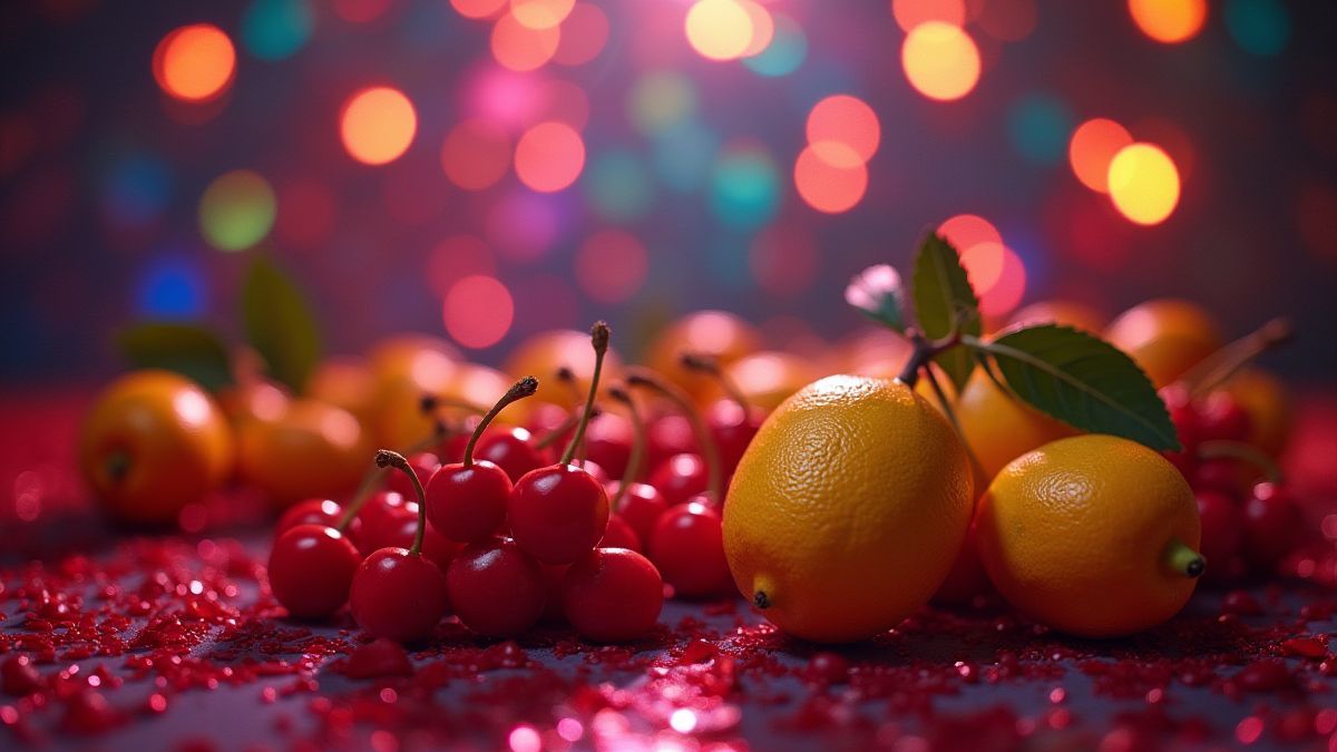 Un escenario retro de discoteca lleno de frutas brillantes.