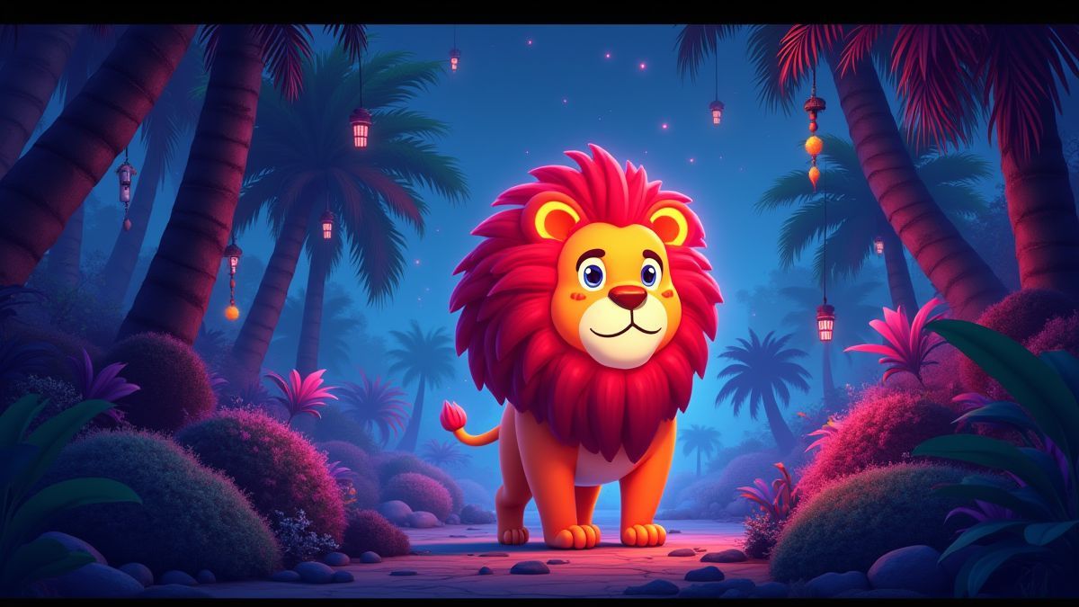 A cosmic jungle with neon elements and a bright lion at the center.