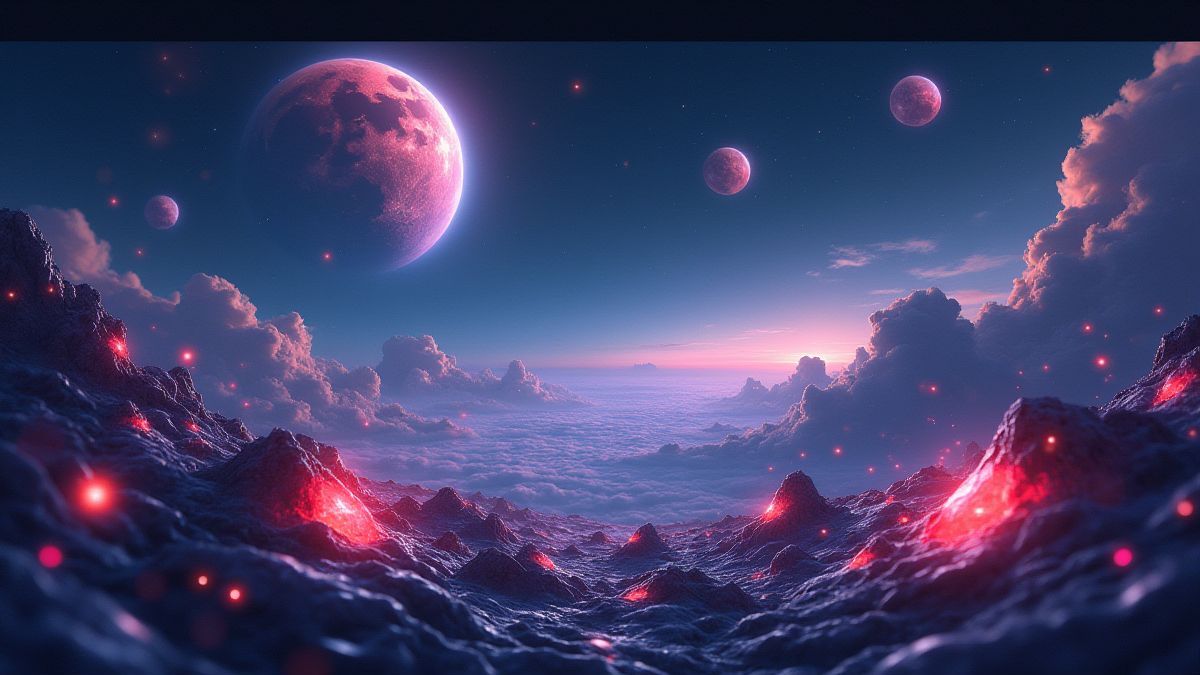 A cosmic atmosphere with bright gems and futuristic designs.