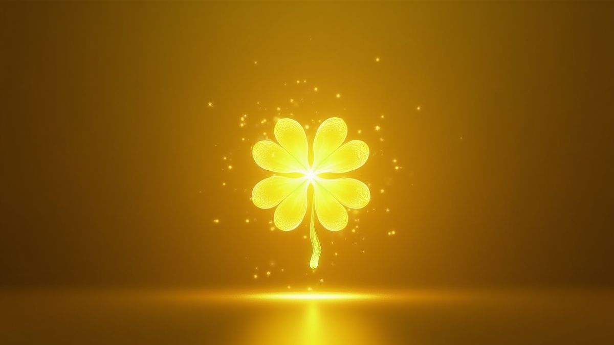 Imagem de um trevo de quatro folhas brilhante sobre um fundo dourado.