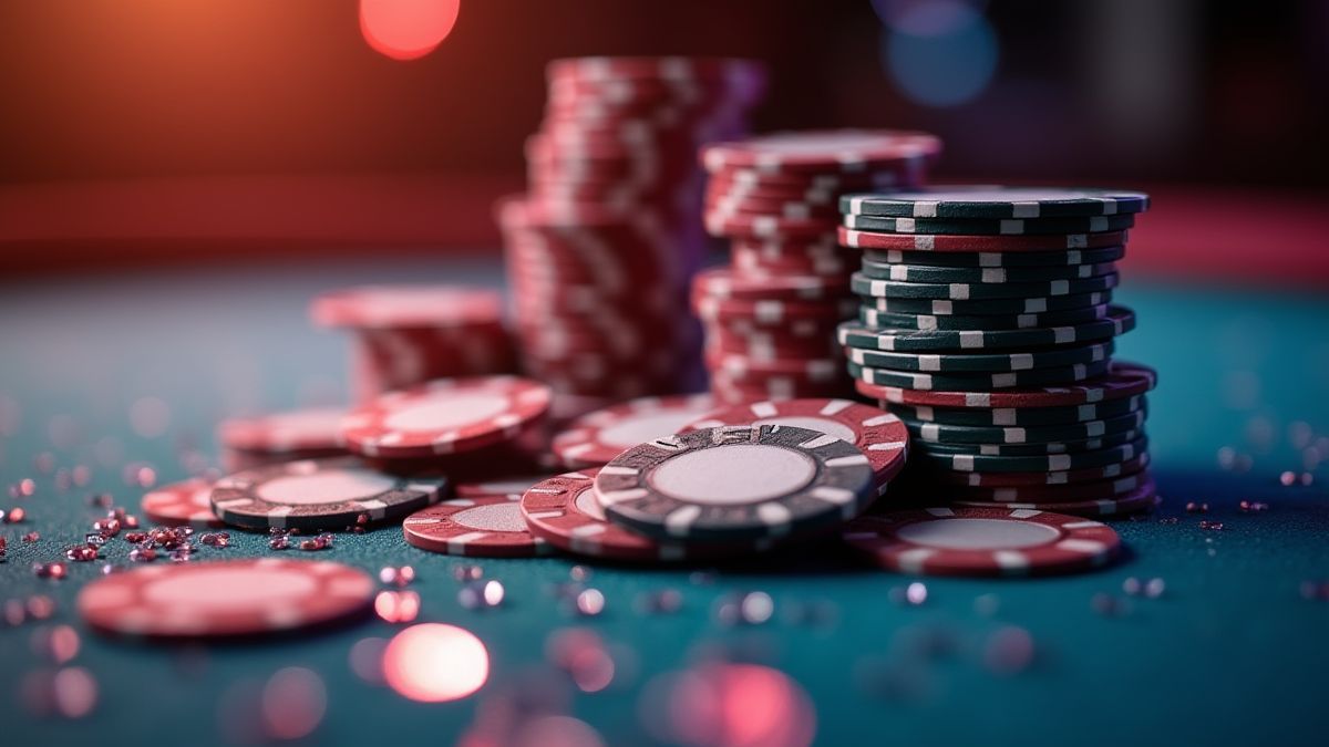 Imagem de fichas de casino e moedas sobre uma mesa brilhante.
