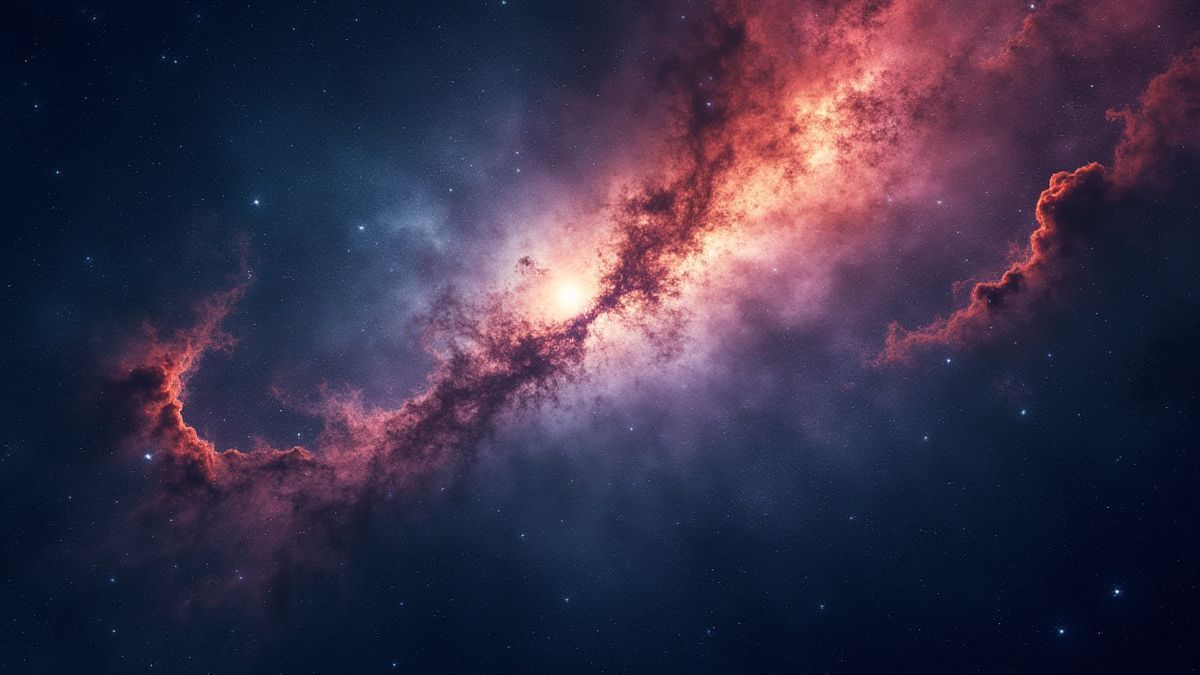 Image of a starry galaxy with colorful nebulae and a black hole in the background.