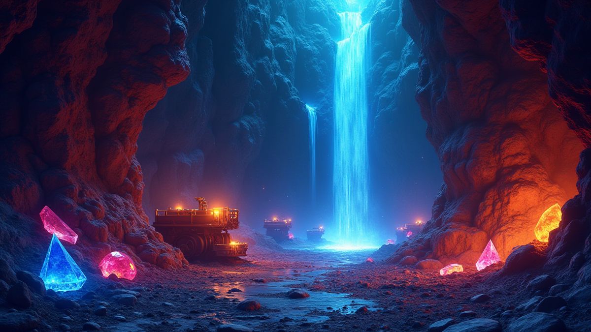 Ondergrondse mijn met schitterende edelstenen en mijnwerkersgereedschap.