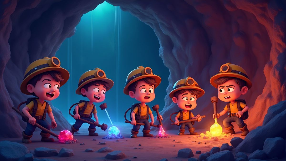 Geanimeerde mijnwerkers die graven in kleurrijke tunnels vol met schitterende edelstenen.