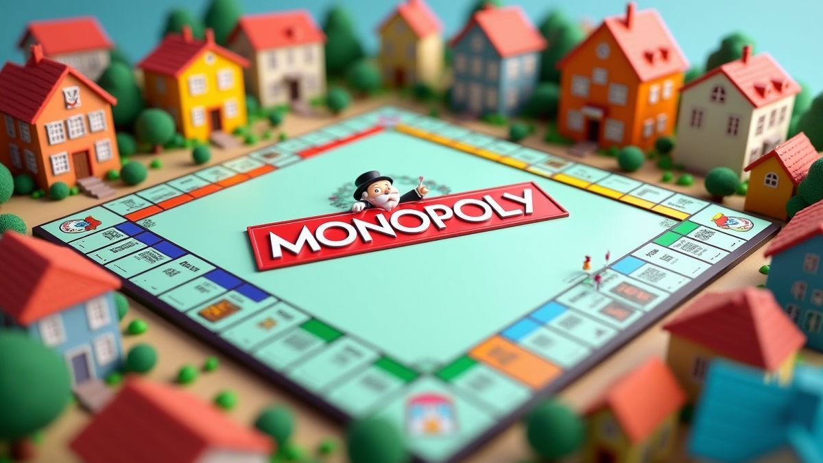 Monopoly-Spielbrett mit lebhaften Häusern und Hotels.