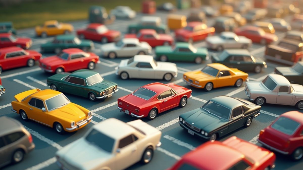 Animierter Parkplatz mit Monopoly-Figuren.