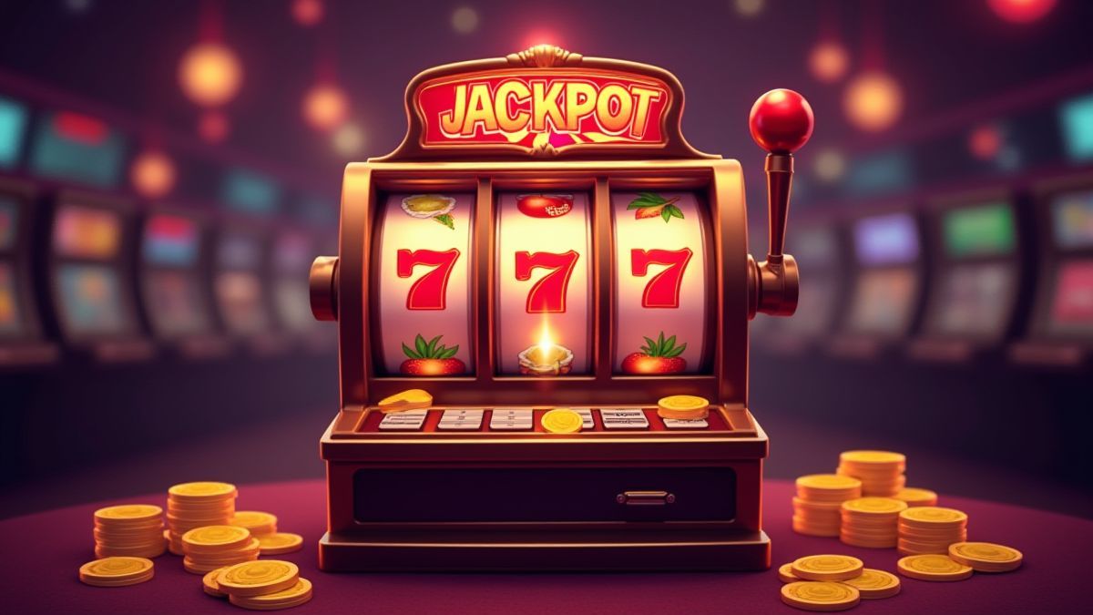 Tragamonedas clásica con símbolos de jackpot en un casino retro