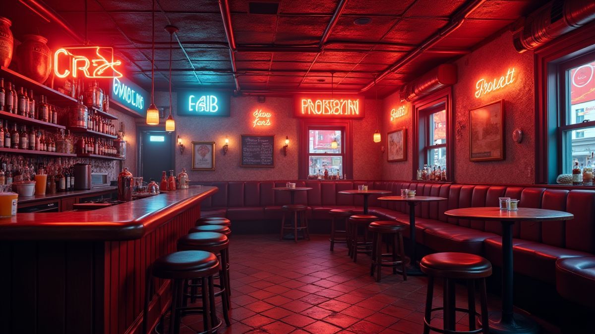 Interieur van een retro pub met neonlichten en fruitsymbolen.