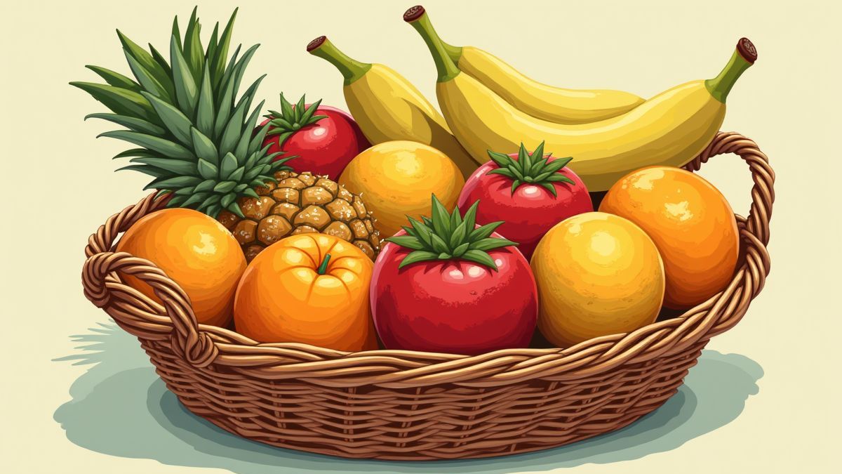 Een levendige fruitmand met retro-elementen.