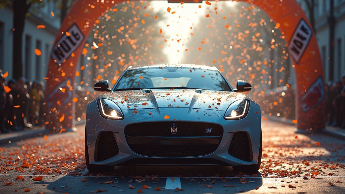 Um carro parando na linha de chegada com confete caindo.