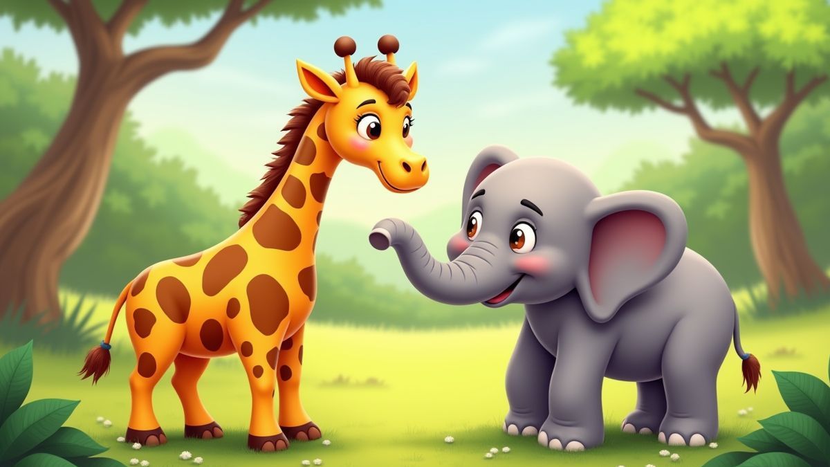 Jirafa y elefante en una sabana animada