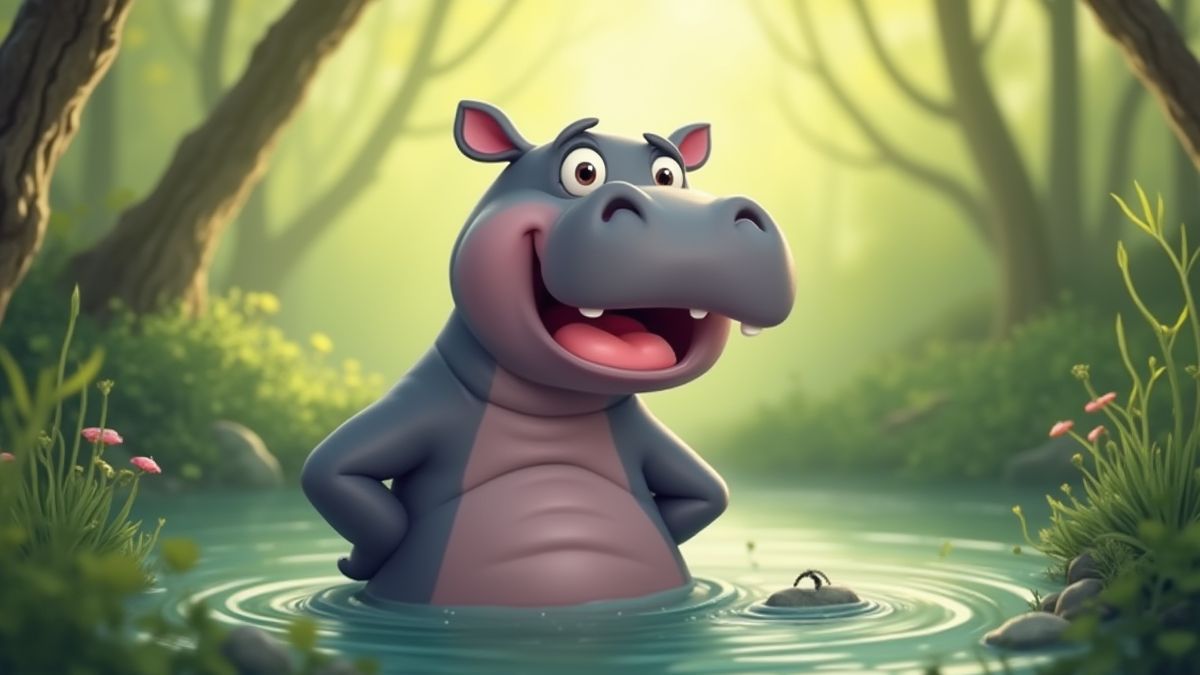Hipopótamo sonriente en un entorno animado