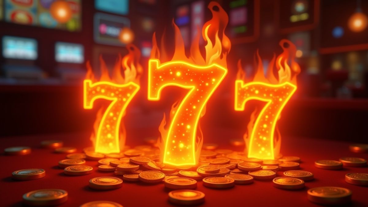 Vlammen-zeven omringd door munten in een retro-stijl casino.