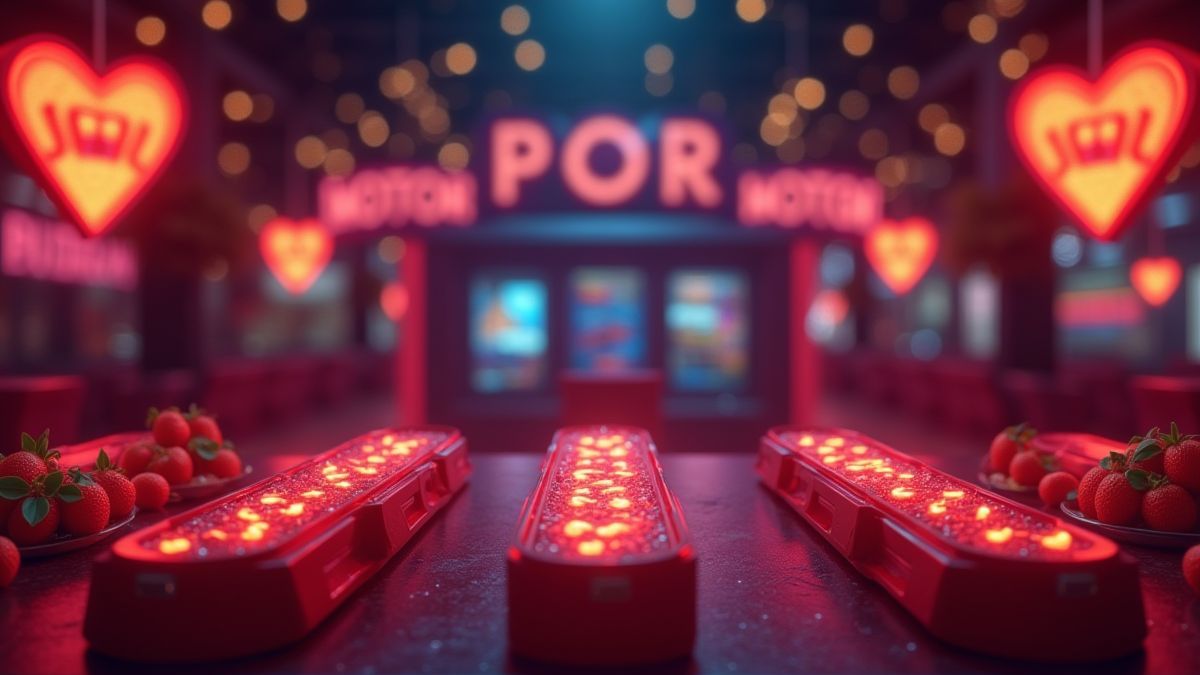 Een retro casino achtergrond met fruitsymbolen en neonverlichting.