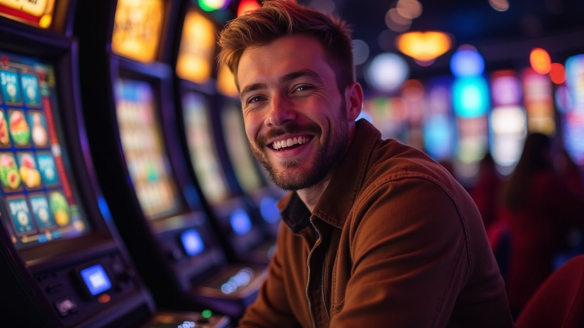 Een blije speler voor een gokkast in een casino vol lichten.