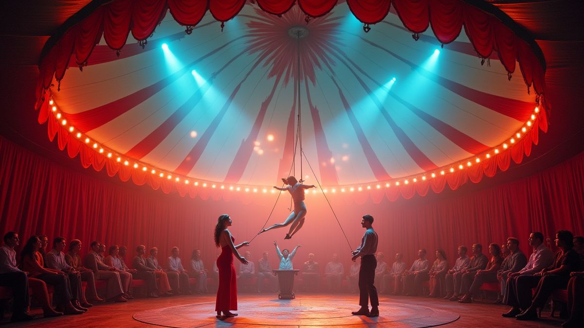 Carpa de circo iluminada con malabaristas y acróbatas realizando trucos.