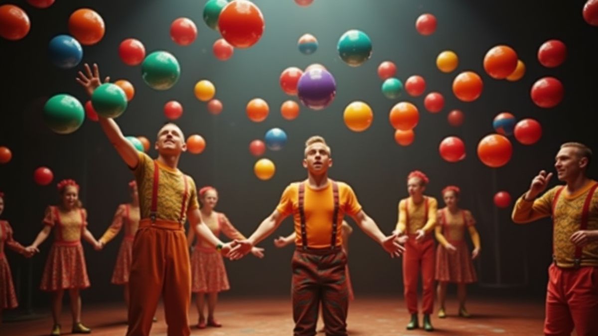 Pelotas de colores en movimiento con artistas de circo al fondo.